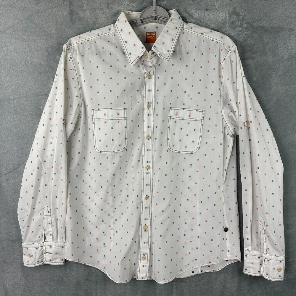 hugo boss orange label white button down shirt square dot long sleeve size XL